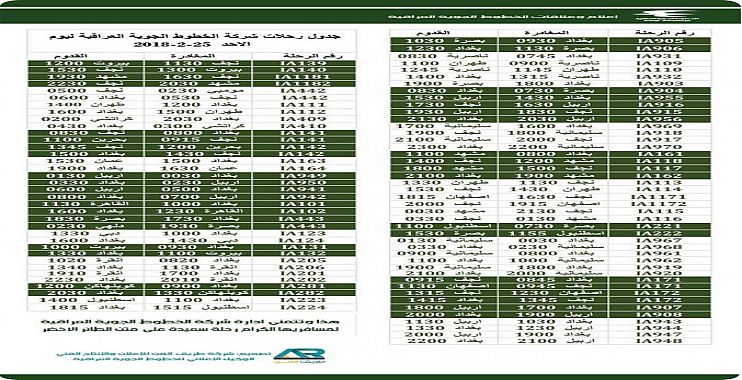 رحلات الخطوط الجوية العراقية يوم غد الأحد
