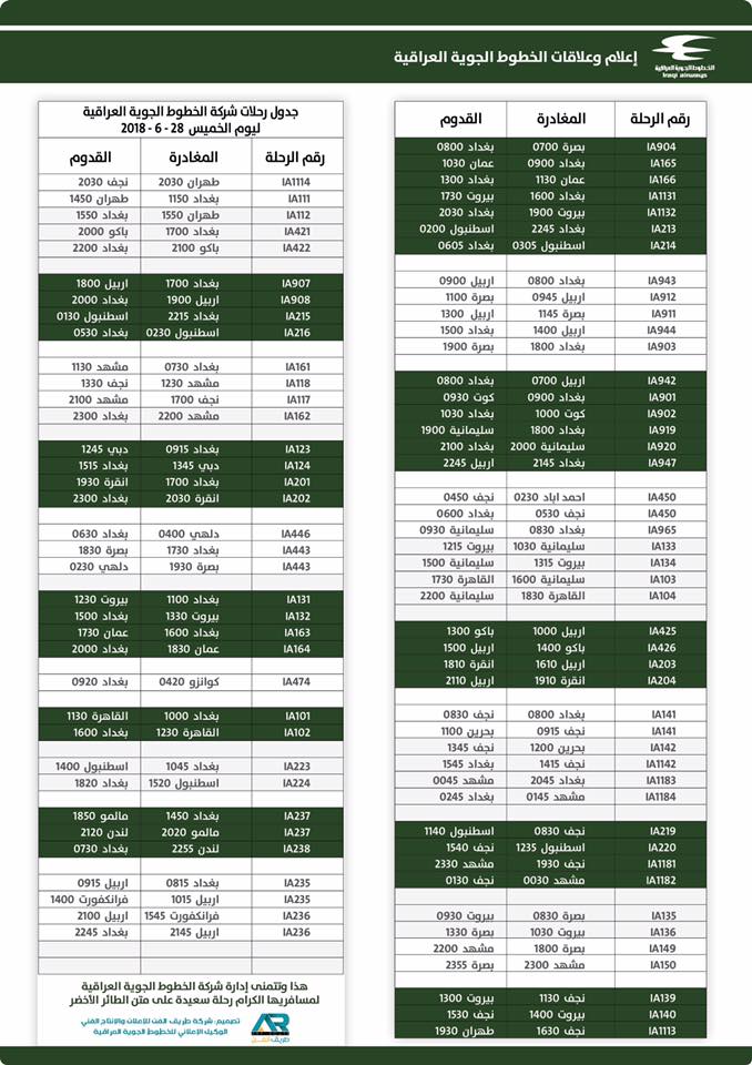 جدول رحلات شركة الخطوط الجوية العراقية ليوم غد الخميس